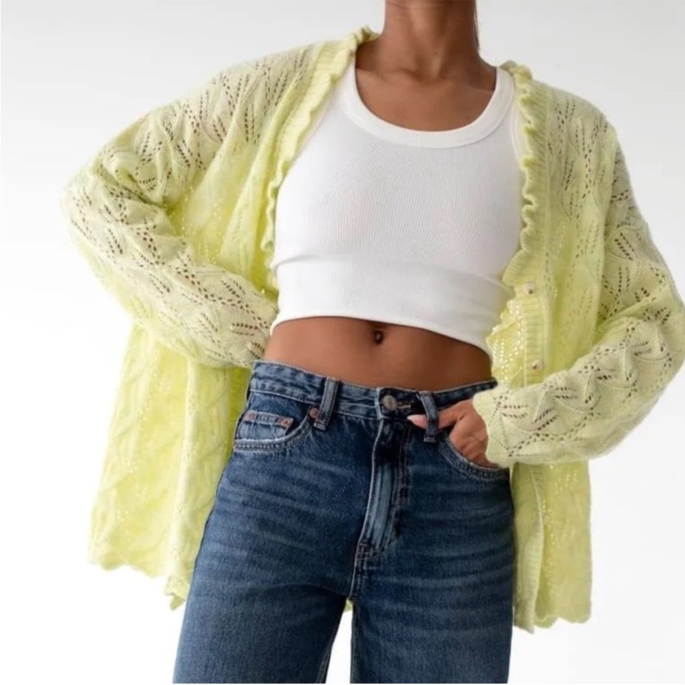 Rumored NWT Oversized Lemon Yellow Soft Pointelle Ruffle Cardigan Cottage XS
